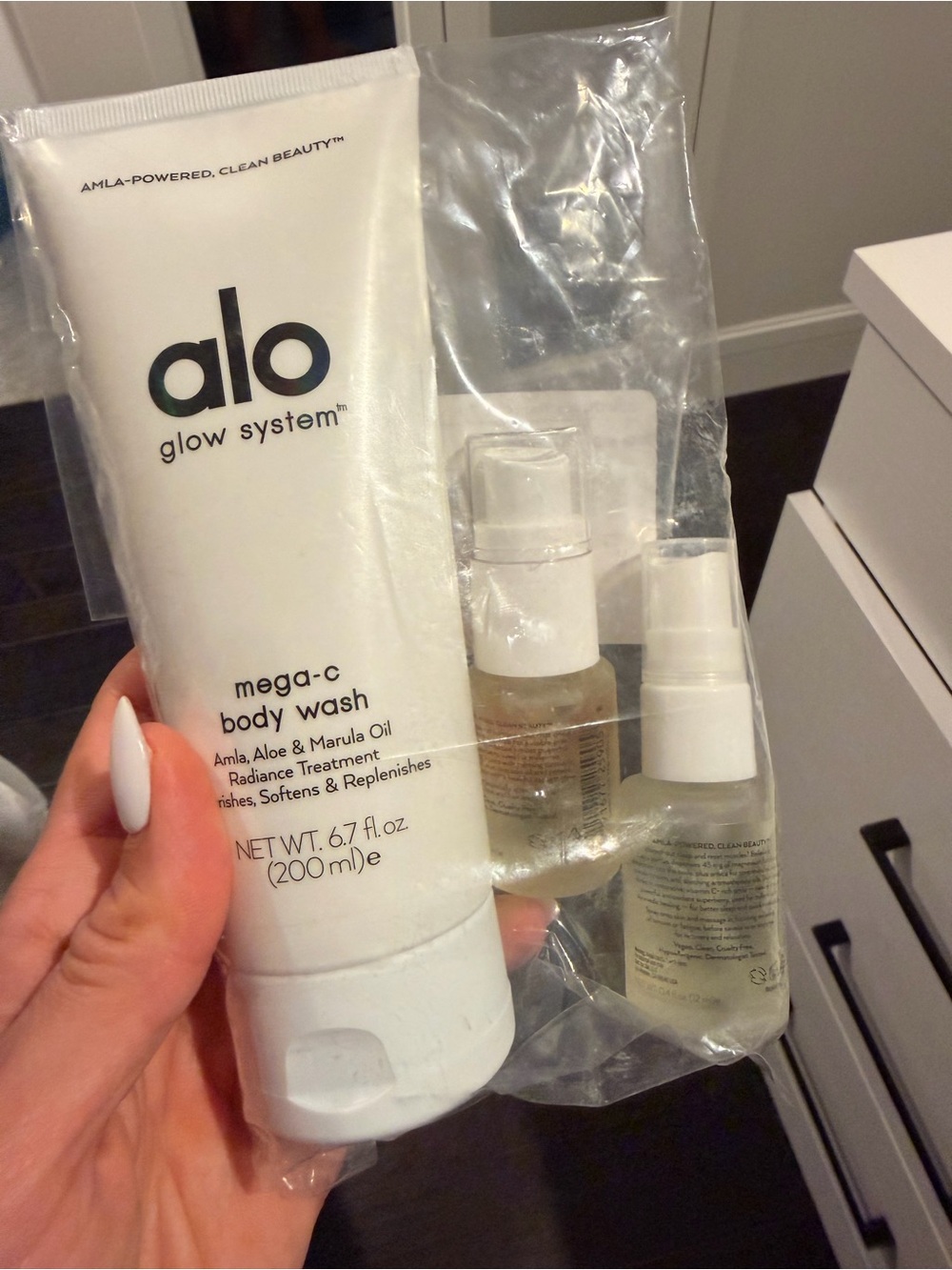 ALO Yoga Mega-C Body Wash in White with Clear Travel Sprays